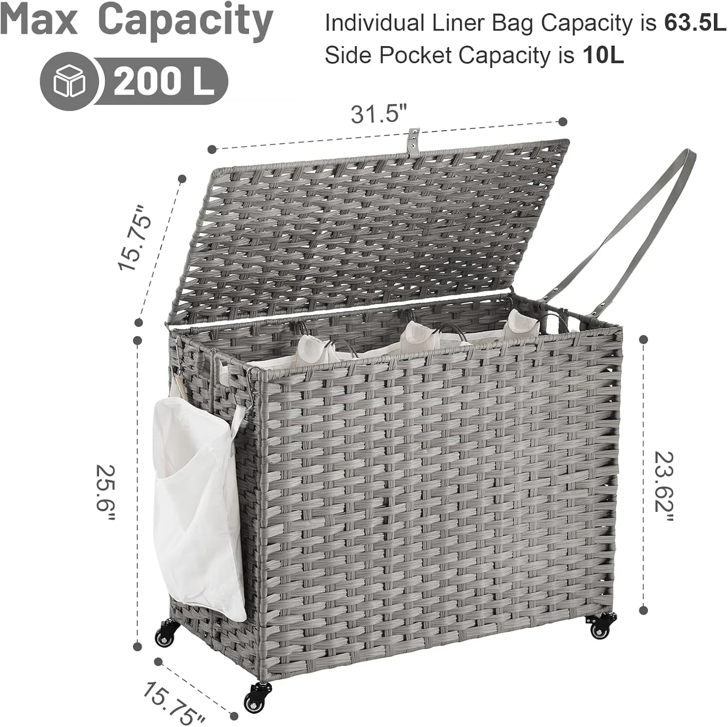 Laundry Hamper with Wheels, 52.8 Gallon(200L) Rolling Laundry Basket with Lid, 3-Section Rattan Clothes Hamper with 3 Removable Liner & 3 Mesh Laundry Bags, Laundry Sorter with Side Pocket, Grey