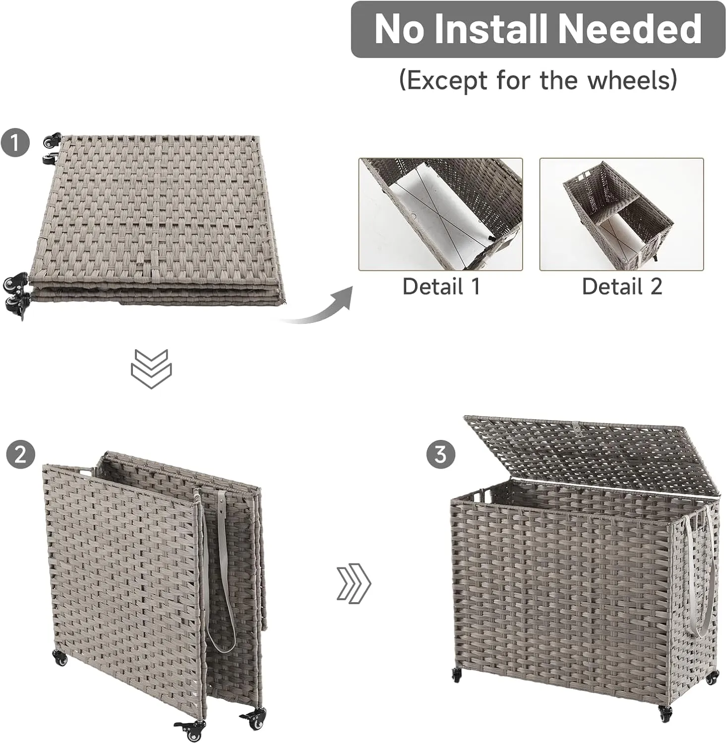 Laundry Hamper with Wheels, 52.8 Gallon(200L) Rolling Laundry Basket with Lid, 3-Section Rattan Clothes Hamper with 3 Removable Liner & 3 Mesh Laundry Bags, Laundry Sorter with Side Pocket, Grey
