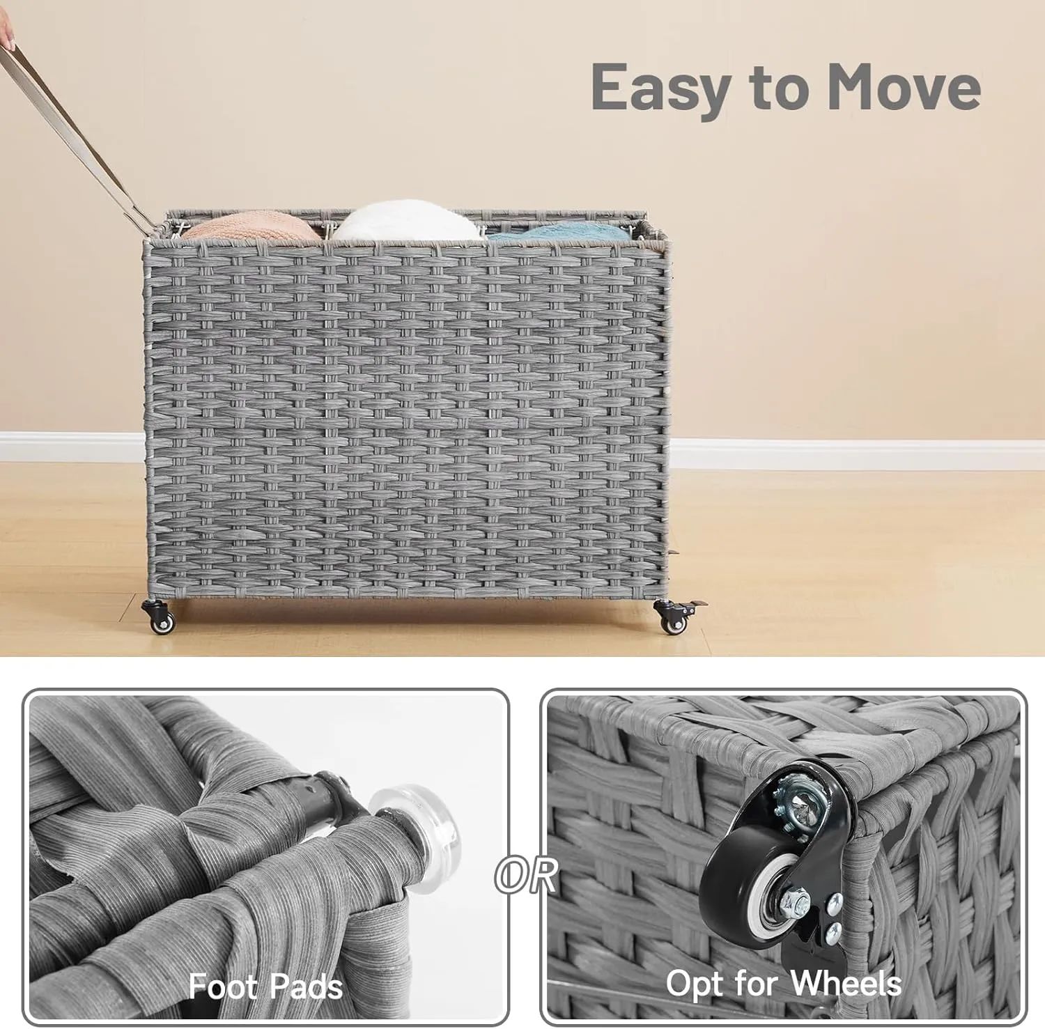 Laundry Hamper with Wheels, 52.8 Gallon(200L) Rolling Laundry Basket with Lid, 3-Section Rattan Clothes Hamper with 3 Removable Liner & 3 Mesh Laundry Bags, Laundry Sorter with Side Pocket, Grey