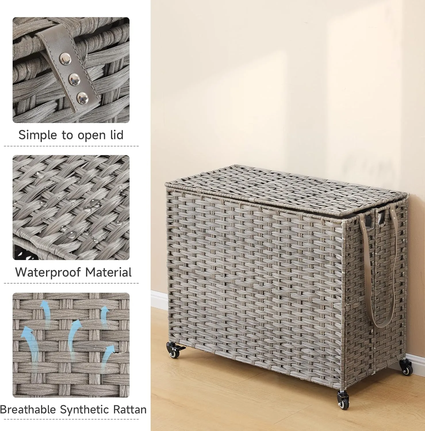 Laundry Hamper with Wheels, 52.8 Gallon(200L) Rolling Laundry Basket with Lid, 3-Section Rattan Clothes Hamper with 3 Removable Liner & 3 Mesh Laundry Bags, Laundry Sorter with Side Pocket, Grey
