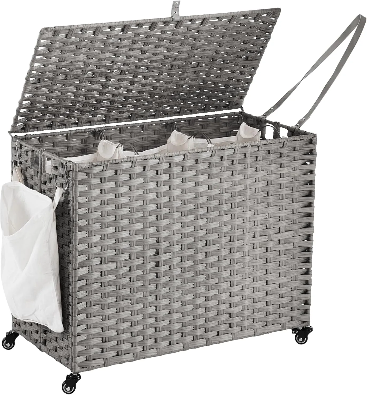 Laundry Hamper with Wheels, 52.8 Gallon(200L) Rolling Laundry Basket with Lid, 3-Section Rattan Clothes Hamper with 3 Removable Liner & 3 Mesh Laundry Bags, Laundry Sorter with Side Pocket, Grey