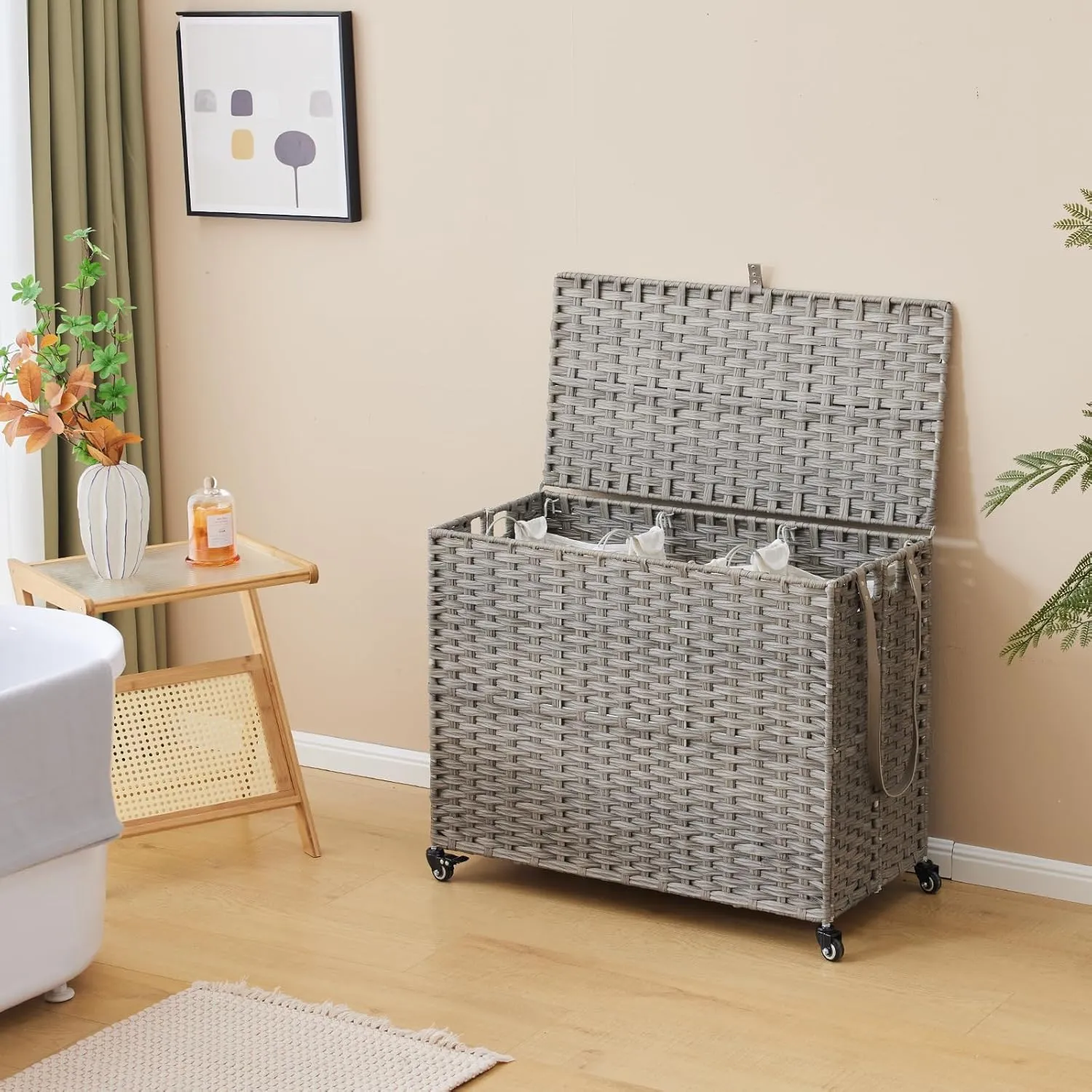 Laundry Hamper with Wheels, 52.8 Gallon(200L) Rolling Laundry Basket with Lid, 3-Section Rattan Clothes Hamper with 3 Removable Liner & 3 Mesh Laundry Bags, Laundry Sorter with Side Pocket, Grey