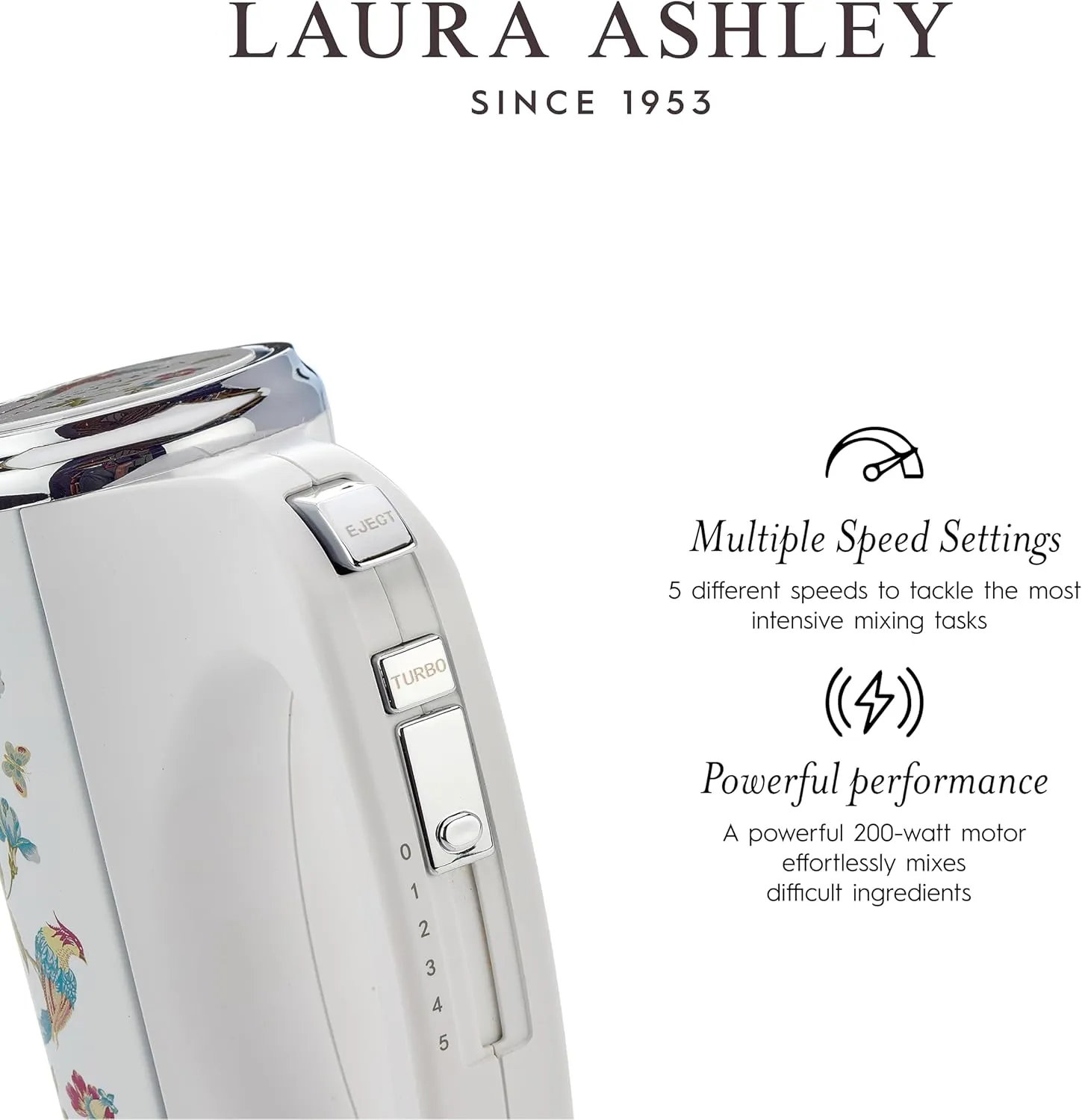 Laura Ashley Hand Mixer Electric Handheld 200W - Hand Held Electric Whisk with 5 Variable Speeds - Hand Mixers with Durable Stainless Steel Beaters - Easy to Clean Light Weight Cake Mixer for Baking