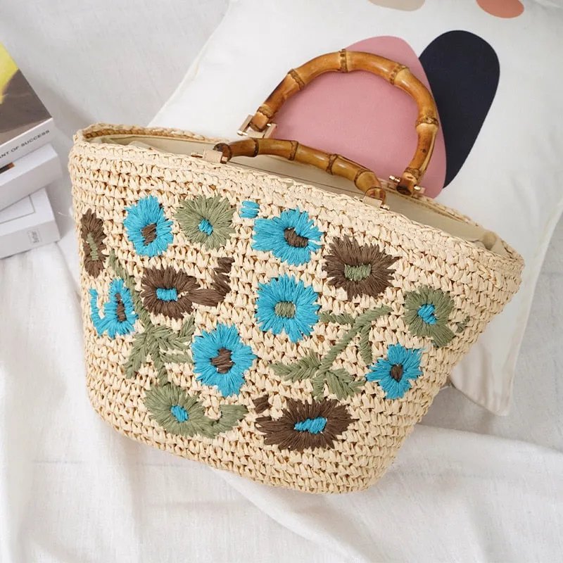 Lavinia Floral Embroidery Straw Baskets - 3 Colors