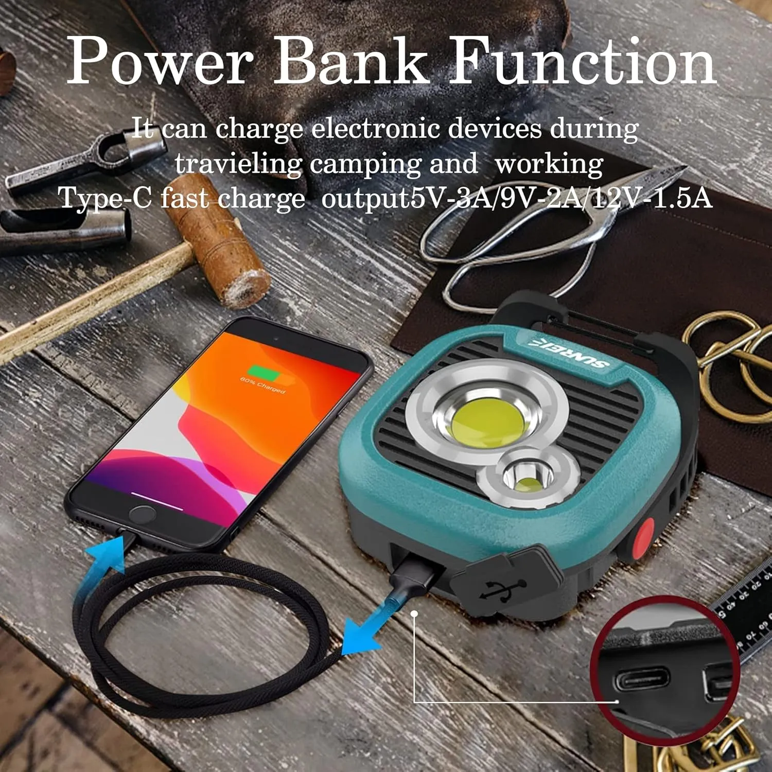 LED Rechargeable Magnetic Work Light SUNREI Mechanic Light Power Bank 180° Rotating,1500LM, 6 Modes,Magnetic&Hook, IPX5 Waterproof, Magnetic Flashlight for Camping, Car Repairing