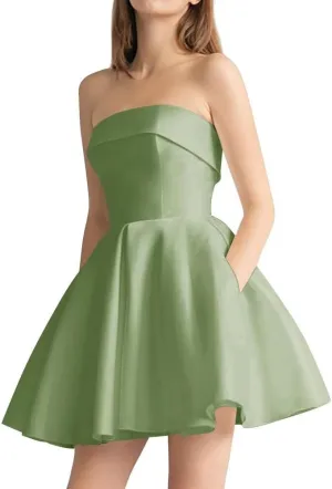 Leeskoot Satin Homecoming Dresses for Teens 2025 Strapless Short Prom Dress A Line Formal Cocktail Evening Gown with Pockets