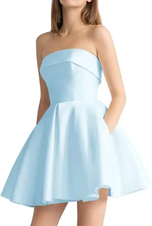 Leeskoot Satin Homecoming Dresses for Teens 2025 Strapless Short Prom Dress A Line Formal Cocktail Evening Gown with Pockets