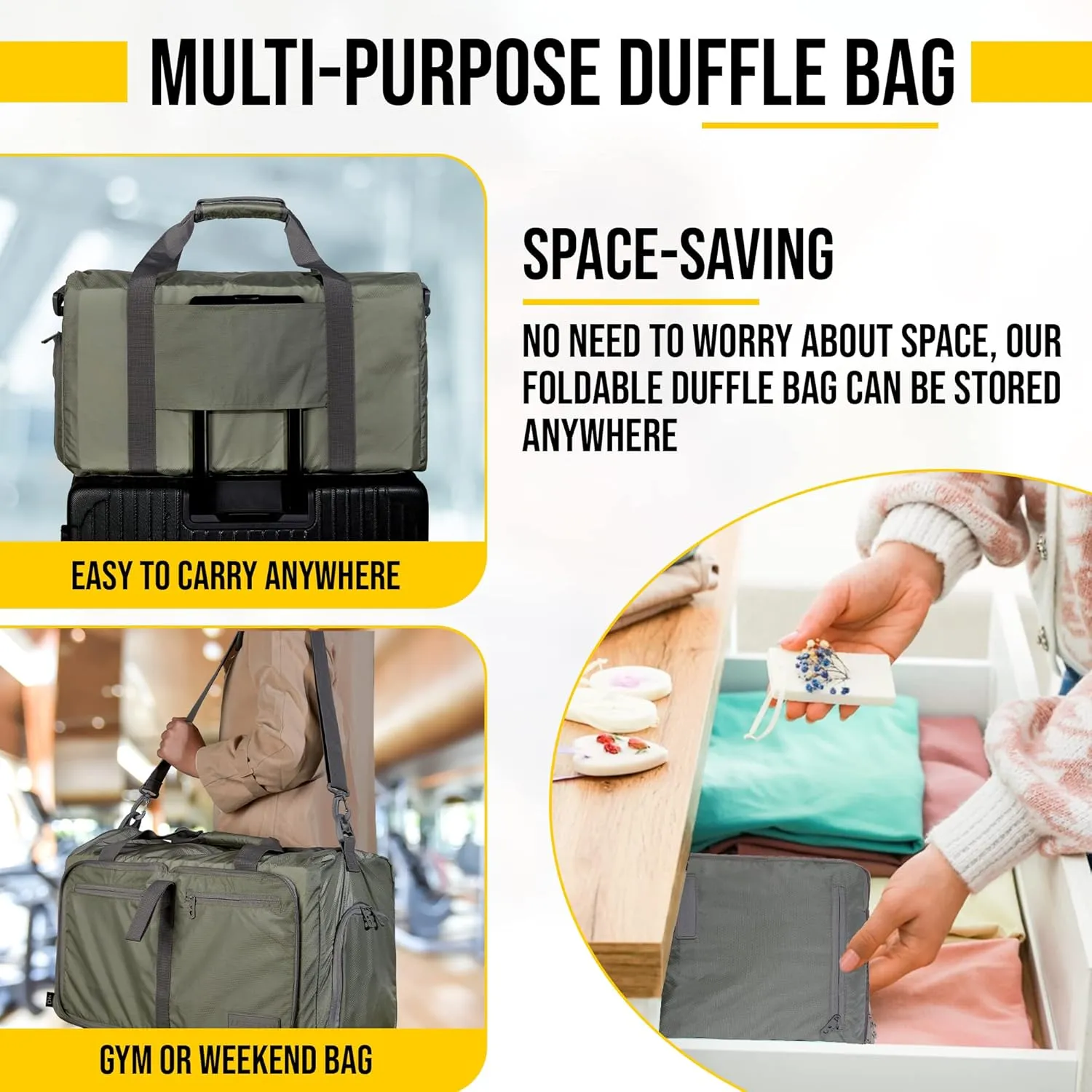 LEGEND 40L Foldable Duffle Bag for Travel - Packable Duffle Bags w/Shoe Compartment - Tear Resistant Collapsible Duffel Bags for Traveling - Lightweight Folding Duffel Bag for Men & Women -Army Green