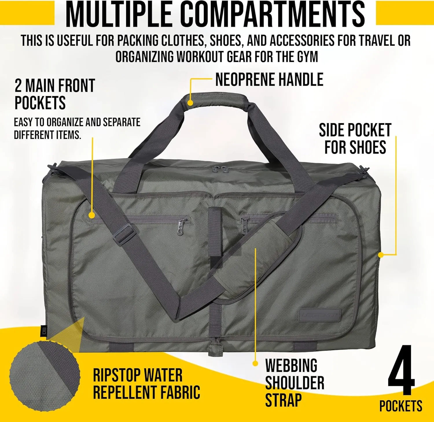 LEGEND 40L Foldable Duffle Bag for Travel - Packable Duffle Bags w/Shoe Compartment - Tear Resistant Collapsible Duffel Bags for Traveling - Lightweight Folding Duffel Bag for Men & Women -Army Green