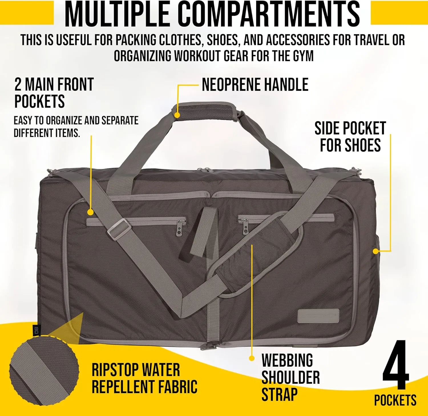 LEGEND 60L Foldable Duffle Bag for Travel - Packable Duffle Bags w/Shoe Compartment - Tear Resistant Collapsible Duffel Bags for Traveling - Lightweight Folding Duffel Bag for Men & Women -Chocolate