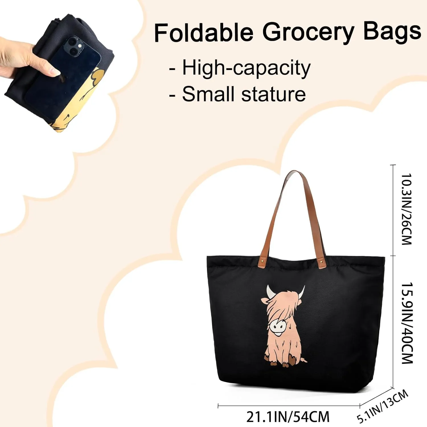 LEMEDE 30L Zip Grocery Bag - Wide Handheld to Reduce Shoulder Pressure,Personalized Minimalist Style Tote Bag,Gift for Women