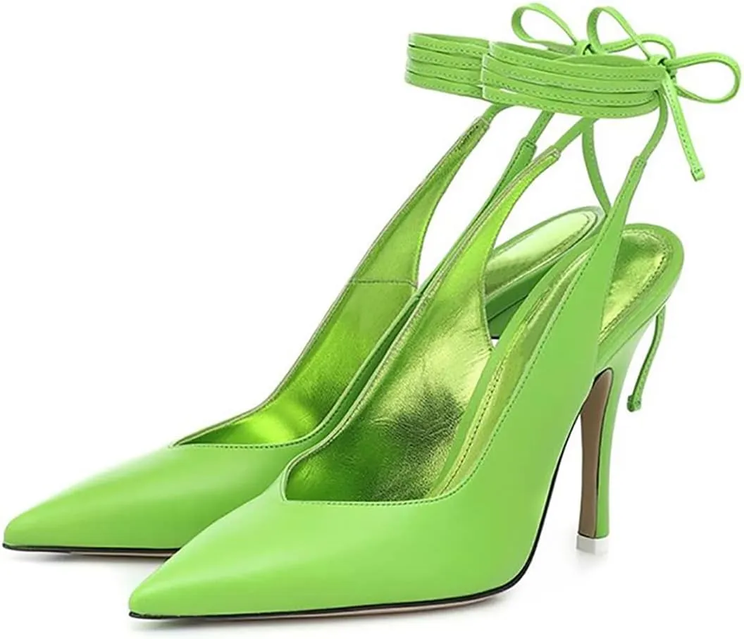 LEMUTISME Women's Sexy Pointed Toe Pumps Summer Lace-up Satin Stiletto High Heels Dressy Slingback Shoes for Party Evening