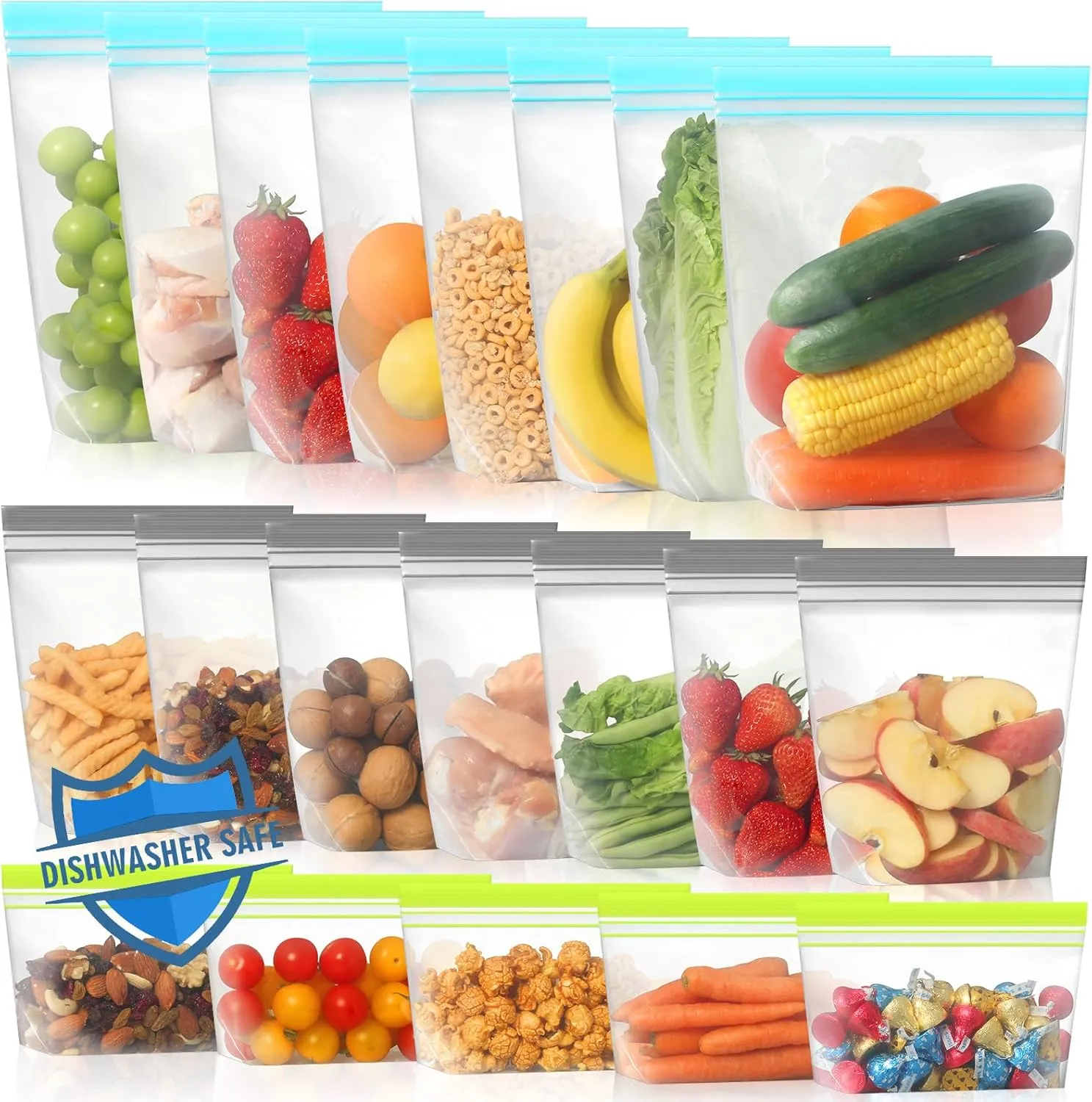 Lerine 20 Pack Reusable Freezer Bags Dishwasher Microwave Safe, Stand Up BPA Free Reusable Sandwich Bags, Silicone Free Leakproof Food Storage Bags for Meal Prep - 8Gallon 7Sandwich 5Snack