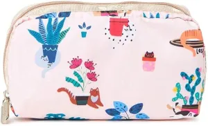 LeSportsac Comfy Cats Rectangular Cosmetic Bag Style 6511/Color F645 Colorful Playful Cozy Kittens and Cats Amid Floral Designs, Light Pink Iridescent Sheen Bag