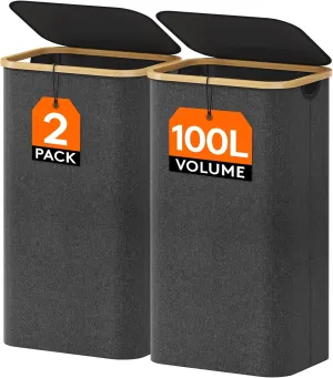 Lifewit 100L Laundry Basket with Lid, Clothes Hampers for Laundry with Bamboo Handles and 2 Removable Laundry Bags, Large Foldable Laundry Hamper for Bedroom, Bathroom, Dorm, Laundry Room, Dark Gray