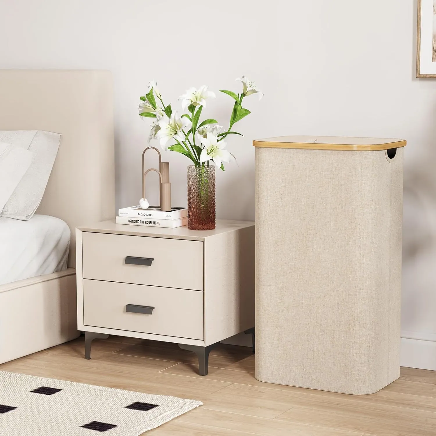 Lifewit 100L Laundry Basket with Lid, Clothes Hampers for Laundry with Bamboo Handles and A Removable Bag, Large Foldable Laundry Hamper for Bedroom, Bathroom, Dorm, Laundry Room, Beige