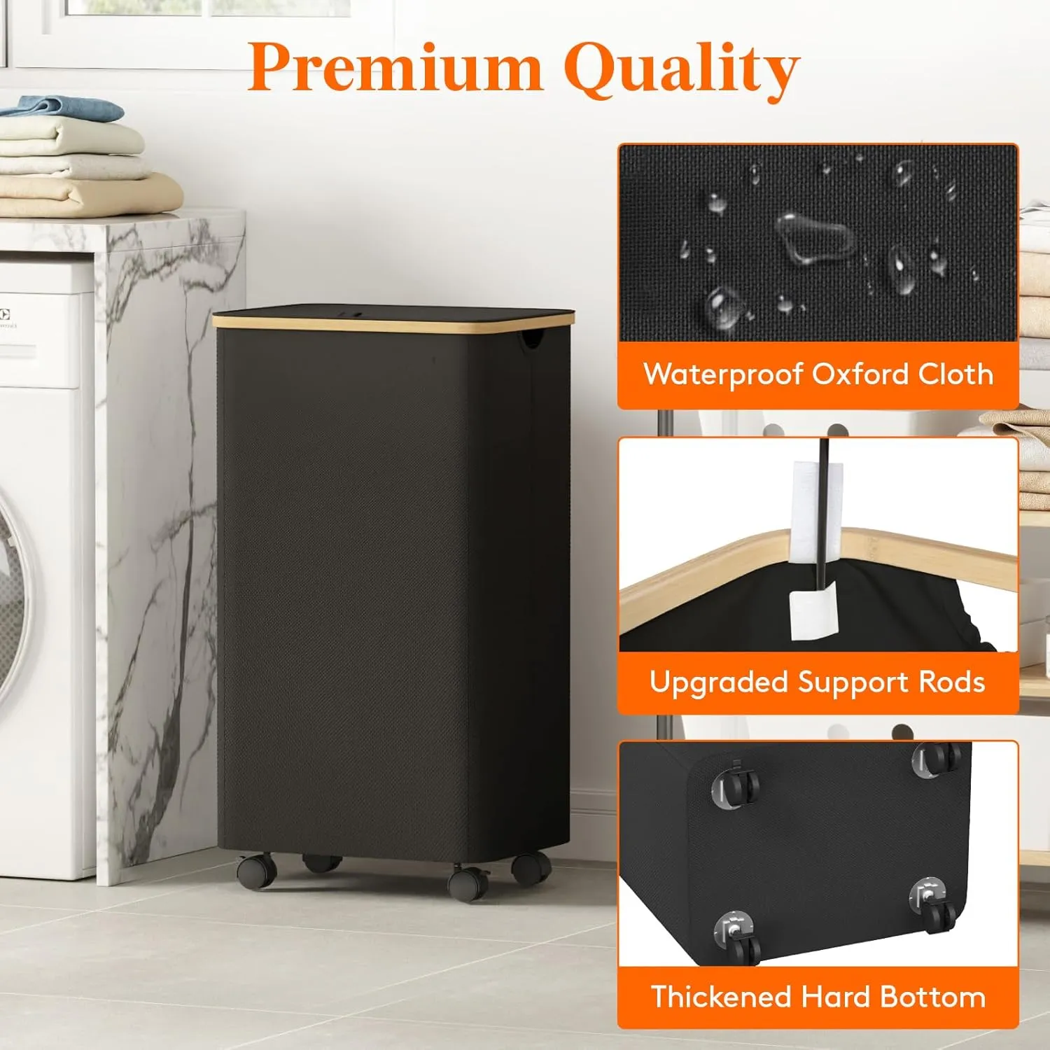 Lifewit 100L Laundry Basket with Lid, Clothes Hampers for Laundry with Bamboo Handles and A Removable Bag, Large Foldable Laundry Hamper for Bedroom, Bathroom, Dorm, Laundry Room, Black with Wheels