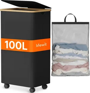 Lifewit 100L Laundry Basket with Lid, Clothes Hampers for Laundry with Bamboo Handles and A Removable Bag, Large Foldable Laundry Hamper for Bedroom, Bathroom, Dorm, Laundry Room, Black with Wheels