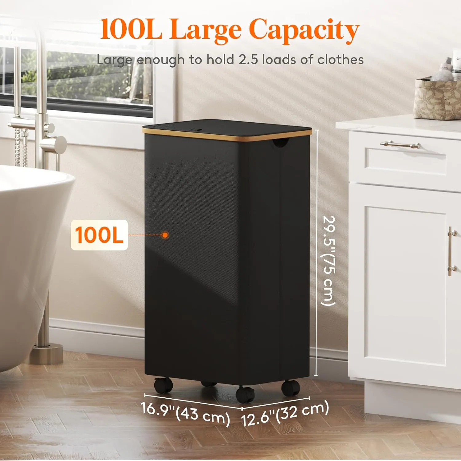 Lifewit 100L Laundry Basket with Lid, Clothes Hampers for Laundry with Bamboo Handles and A Removable Bag, Large Foldable Laundry Hamper for Bedroom, Bathroom, Dorm, Laundry Room, Black with Wheels