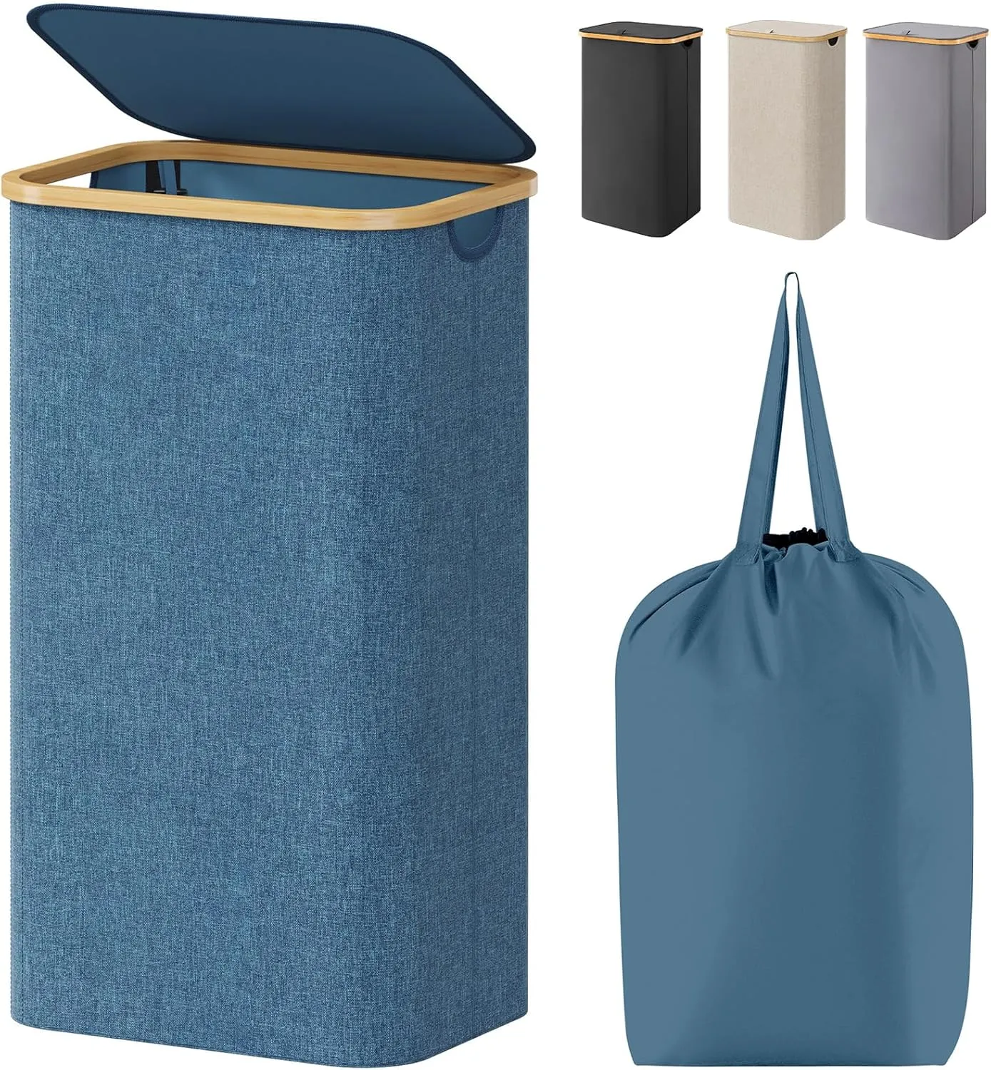 Lifewit 100L Laundry Basket with Lid, Clothes Hampers for Laundry with Bamboo Handles and A Removable Bag, Large Foldable Laundry Hamper for Bedroom, Bathroom, Dorm, Laundry Room, Dark Blue