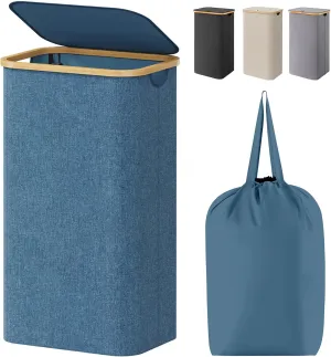 Lifewit 100L Laundry Basket with Lid, Clothes Hampers for Laundry with Bamboo Handles and A Removable Bag, Large Foldable Laundry Hamper for Bedroom, Bathroom, Dorm, Laundry Room, Dark Blue