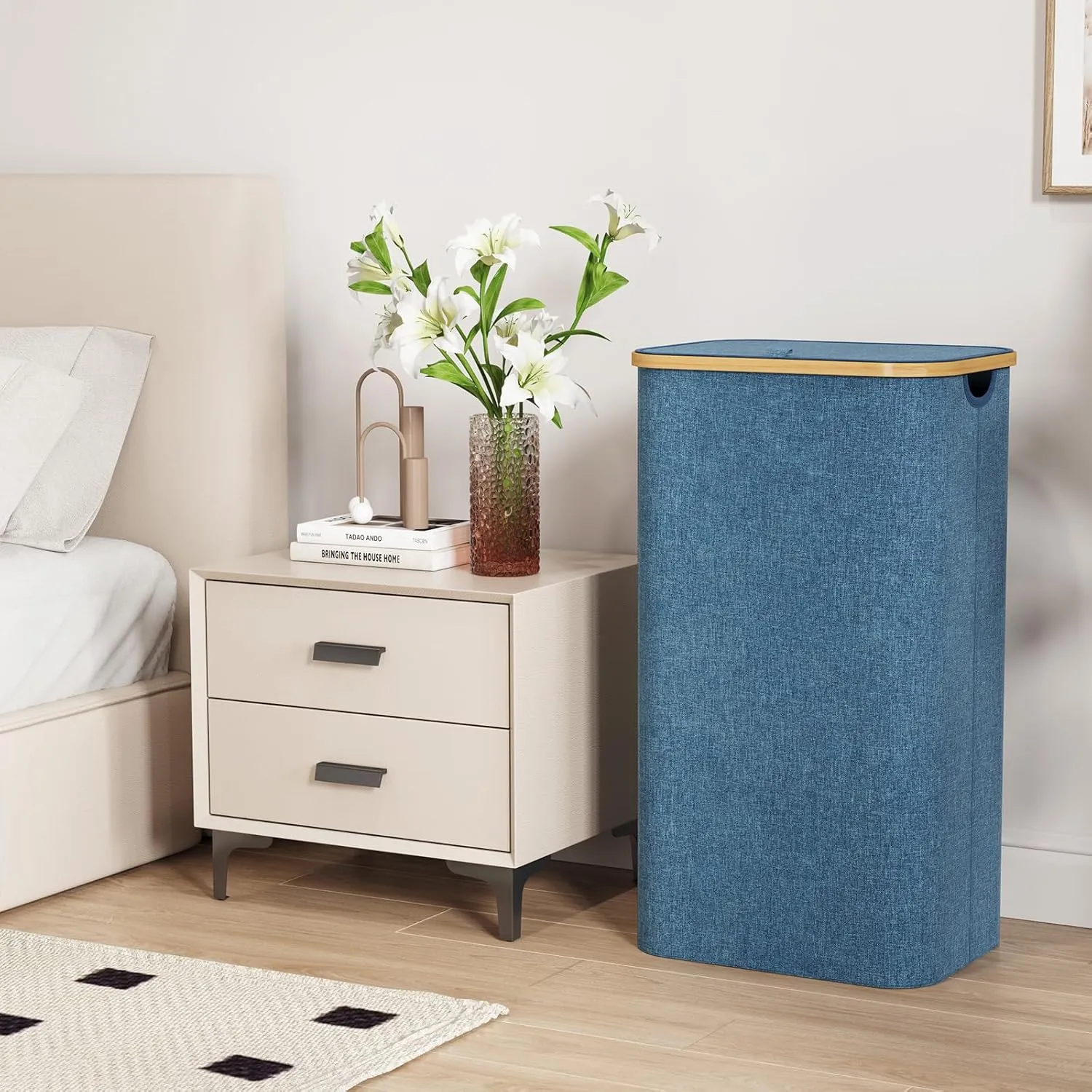 Lifewit 100L Laundry Basket with Lid, Clothes Hampers for Laundry with Bamboo Handles and A Removable Bag, Large Foldable Laundry Hamper for Bedroom, Bathroom, Dorm, Laundry Room, Dark Blue