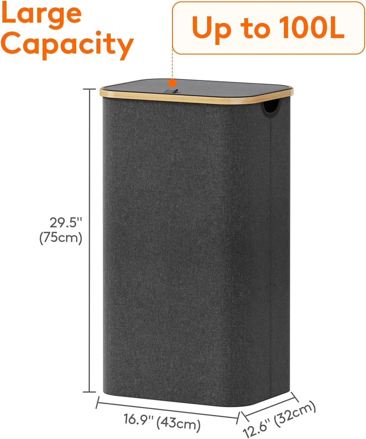 Lifewit 100L Laundry Basket with Lid, Clothes Hampers for Laundry with Bamboo Handles and A Removable Bag, Large Foldable Laundry Hamper for Bedroom, Bathroom, Dorm, Laundry Room, Dark Gray