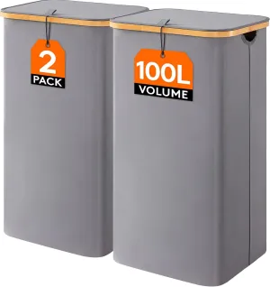 Lifewit 100L Laundry Basket with Lid, Clothes Hampers for Laundry with Bamboo Handles and A Removable Laundry Bag, Large Foldable Laundry Hamper for Bedroom, Bathroom, Dorm, Grey, 2 Pack