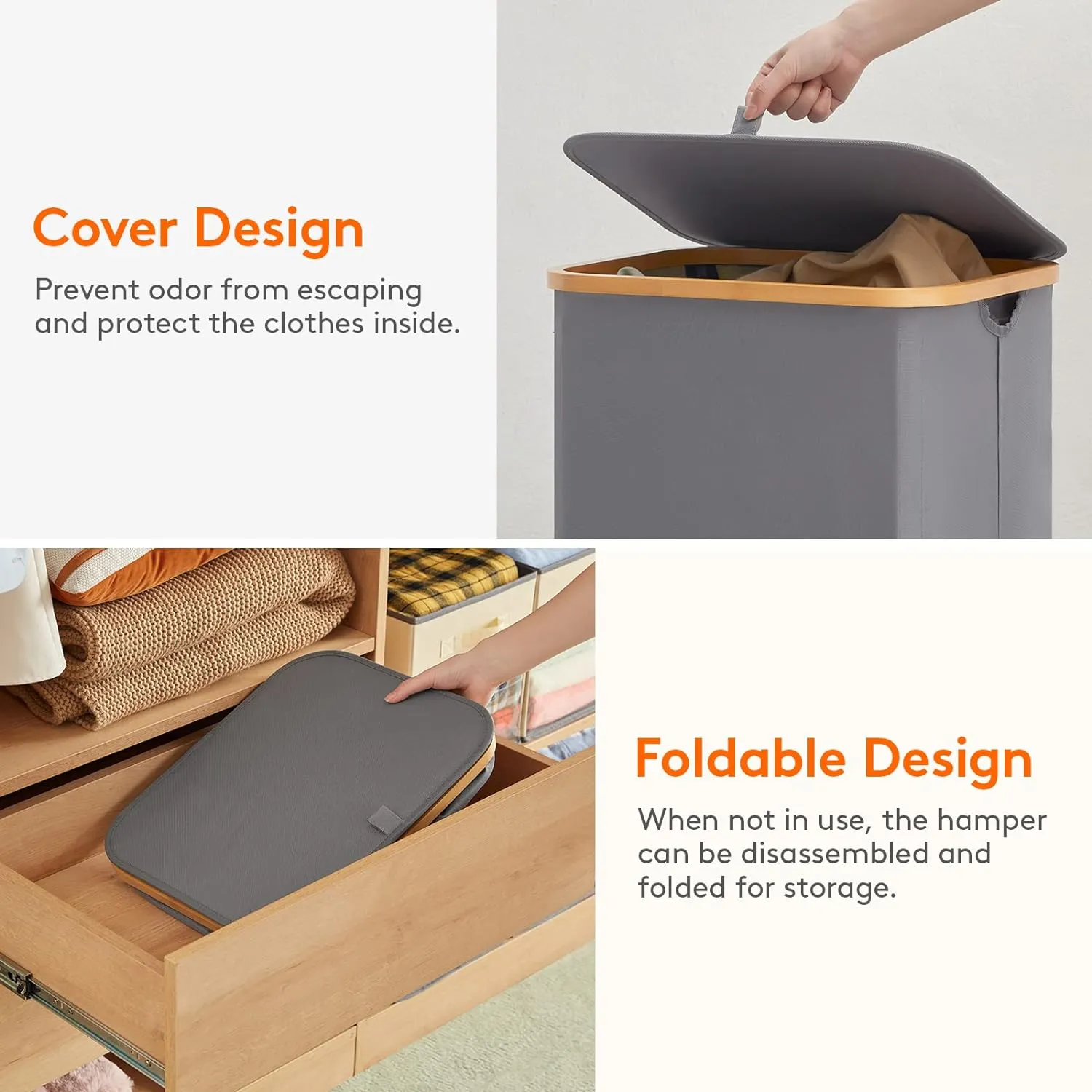 Lifewit 100L Laundry Basket with Lid, Clothes Hampers for Laundry with Bamboo Handles and A Removable Laundry Bag, Large Foldable Laundry Hamper for Bedroom, Bathroom, Dorm, Grey, 2 Pack