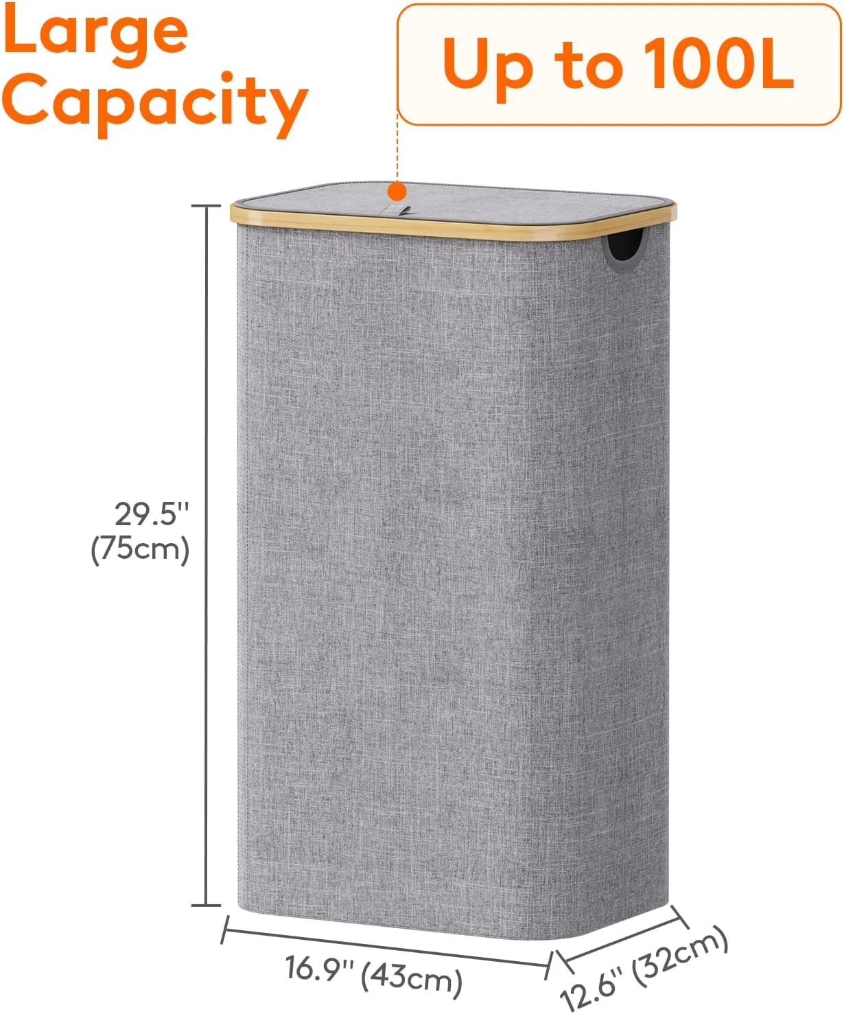 Lifewit 100L Laundry Basket with Lid, Clothes Hampers for Laundry with Bamboo Handles and A Removable Laundry Bag, Large Foldable Laundry Hamper for Bedroom, Bathroom, Dorm, Laundry Room, Light Gray