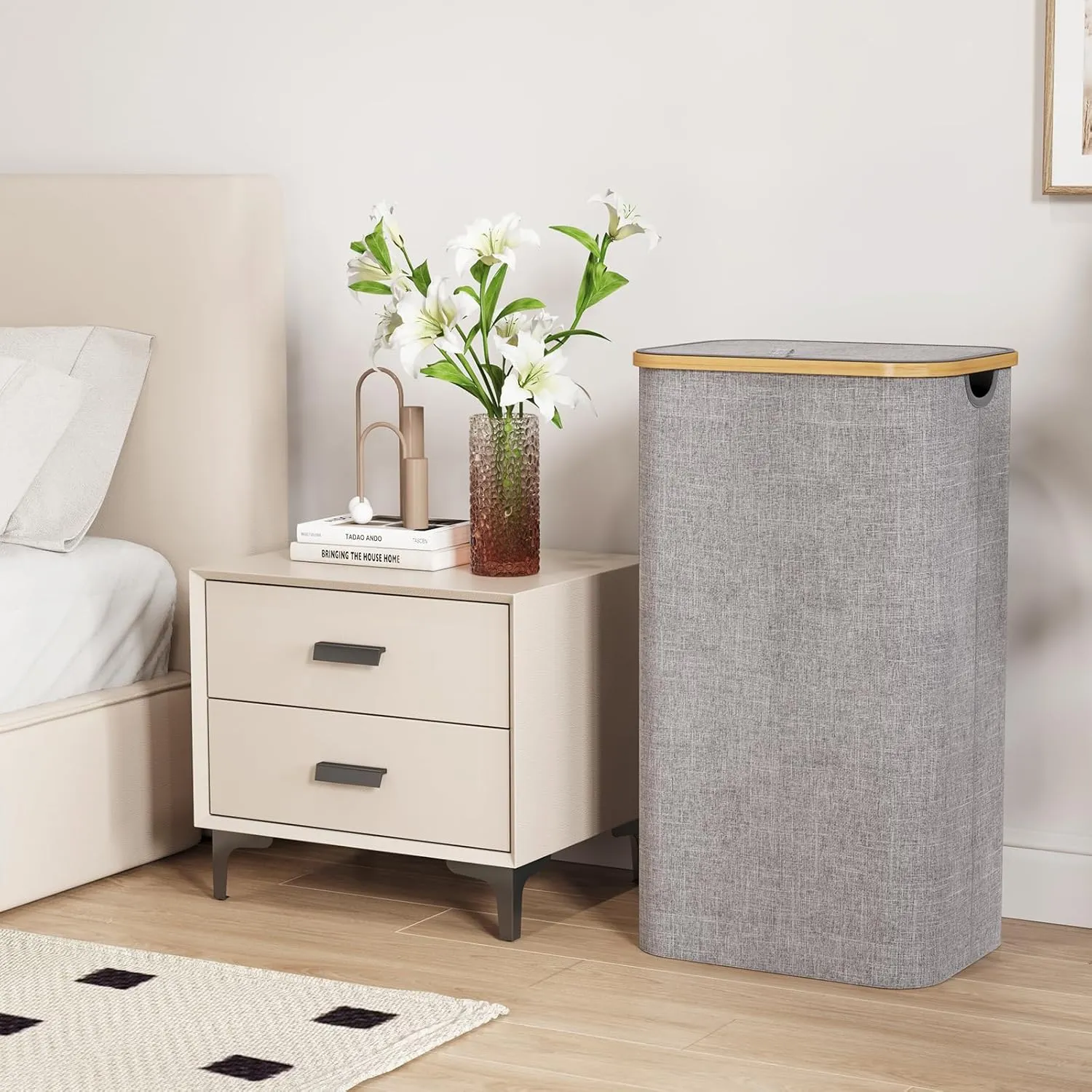 Lifewit 100L Laundry Basket with Lid, Clothes Hampers for Laundry with Bamboo Handles and A Removable Laundry Bag, Large Foldable Laundry Hamper for Bedroom, Bathroom, Dorm, Laundry Room, Light Gray