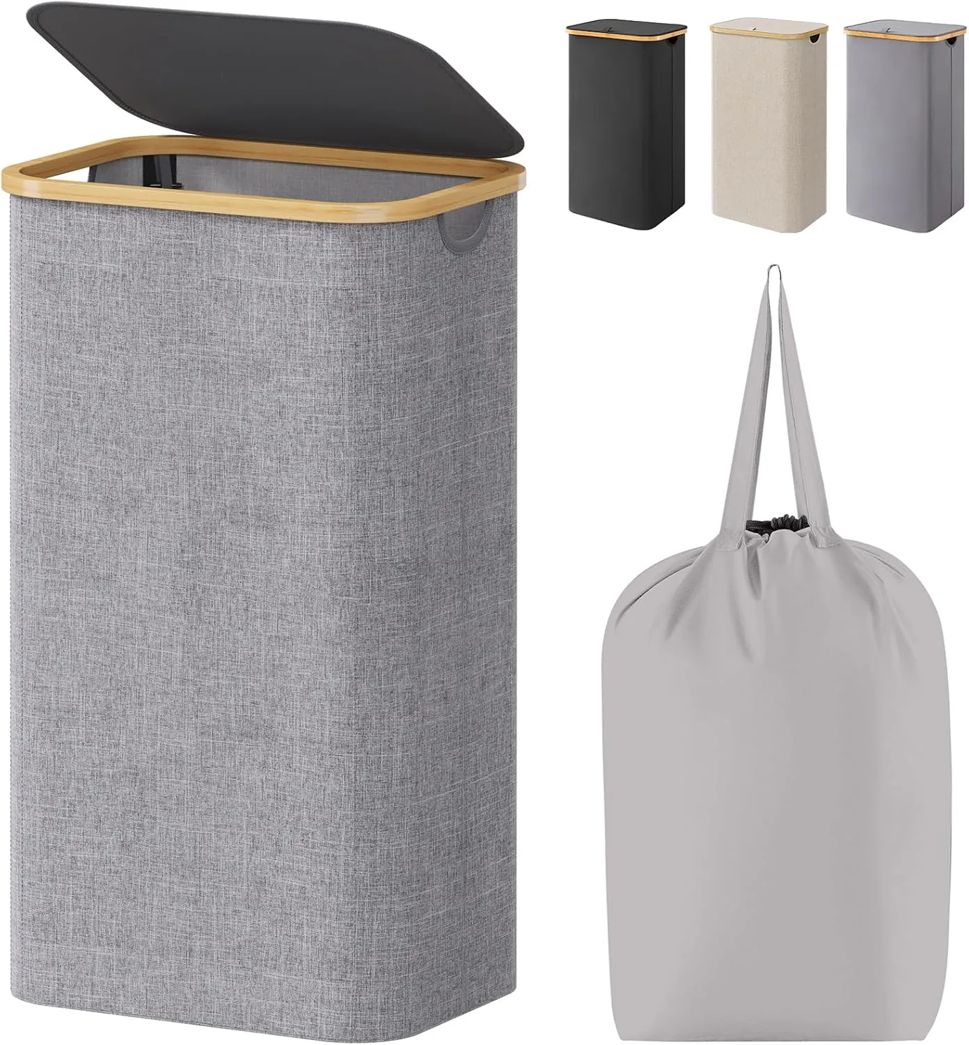 Lifewit 100L Laundry Basket with Lid, Clothes Hampers for Laundry with Bamboo Handles and A Removable Laundry Bag, Large Foldable Laundry Hamper for Bedroom, Bathroom, Dorm, Laundry Room, Light Gray