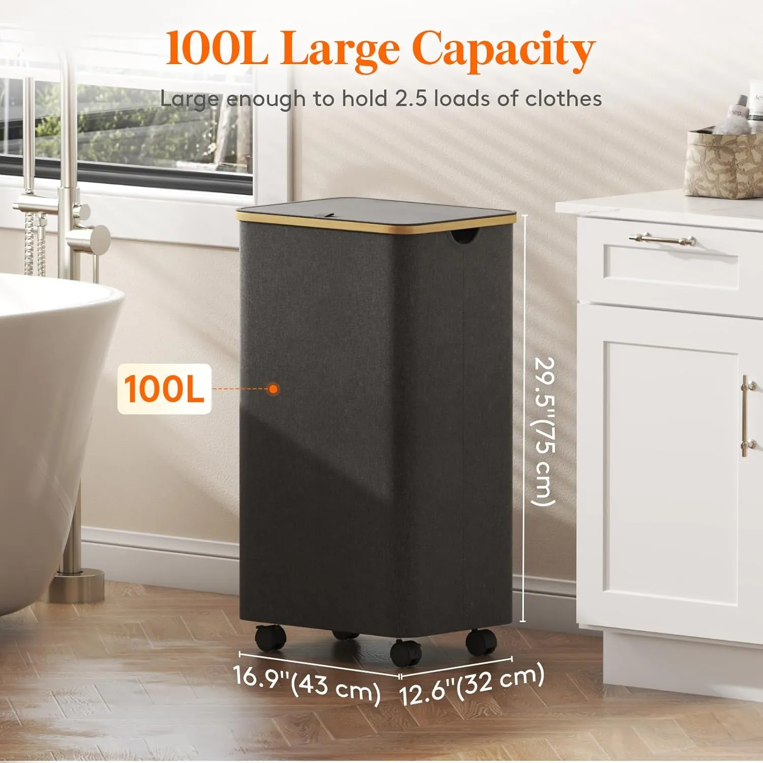 Lifewit 100L Laundry Basket with Lid, Clothes Hampers for Laundry with Bamboo Handles and Removable Bag, Large Foldable Laundry Hamper for Bedroom, Bathroom, Dorm, Laundry Room, Dark Gray with Wheels