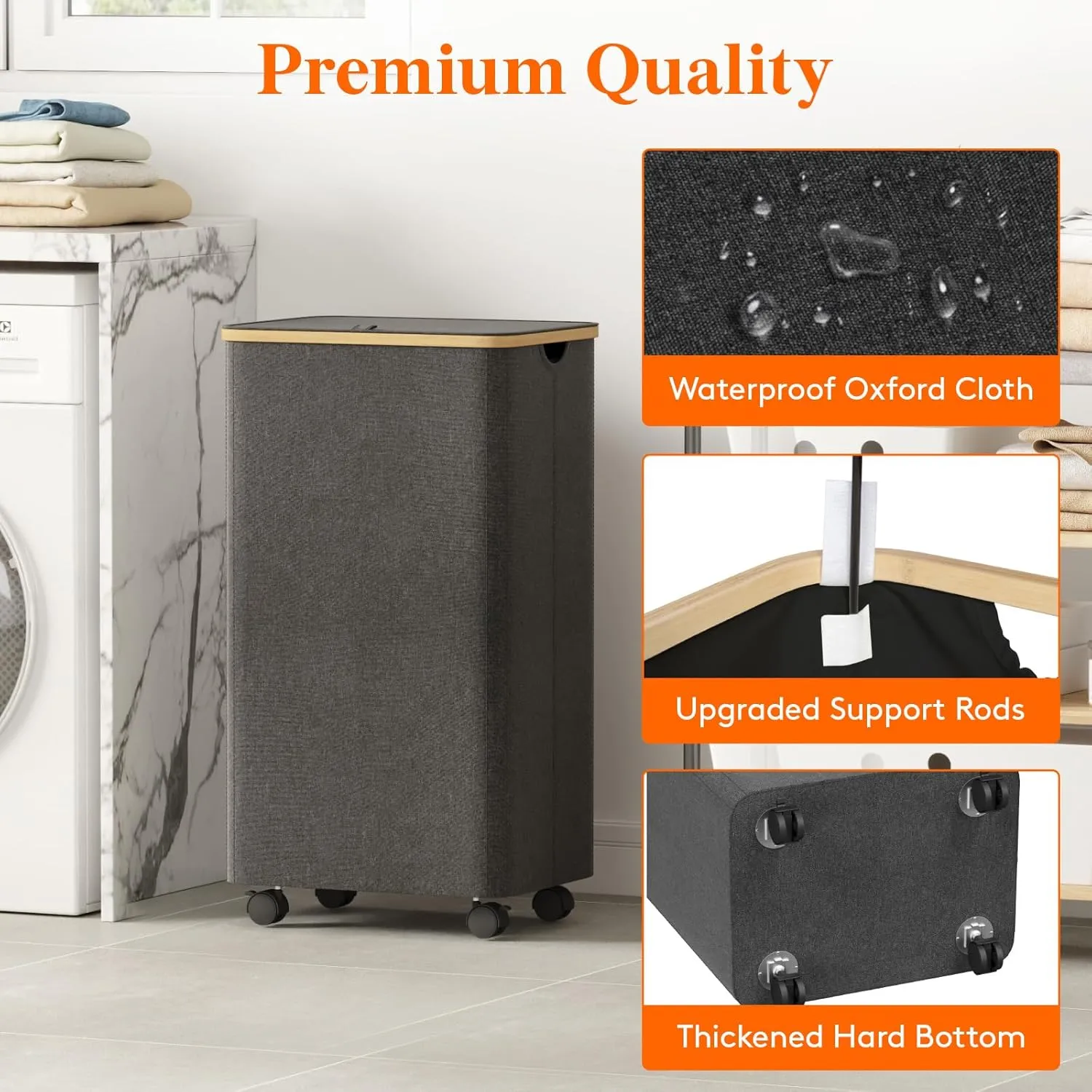 Lifewit 100L Laundry Basket with Lid, Clothes Hampers for Laundry with Bamboo Handles and Removable Bag, Large Foldable Laundry Hamper for Bedroom, Bathroom, Dorm, Laundry Room, Dark Gray with Wheels
