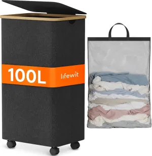 Lifewit 100L Laundry Basket with Lid, Clothes Hampers for Laundry with Bamboo Handles and Removable Bag, Large Foldable Laundry Hamper for Bedroom, Bathroom, Dorm, Laundry Room, Dark Gray with Wheels