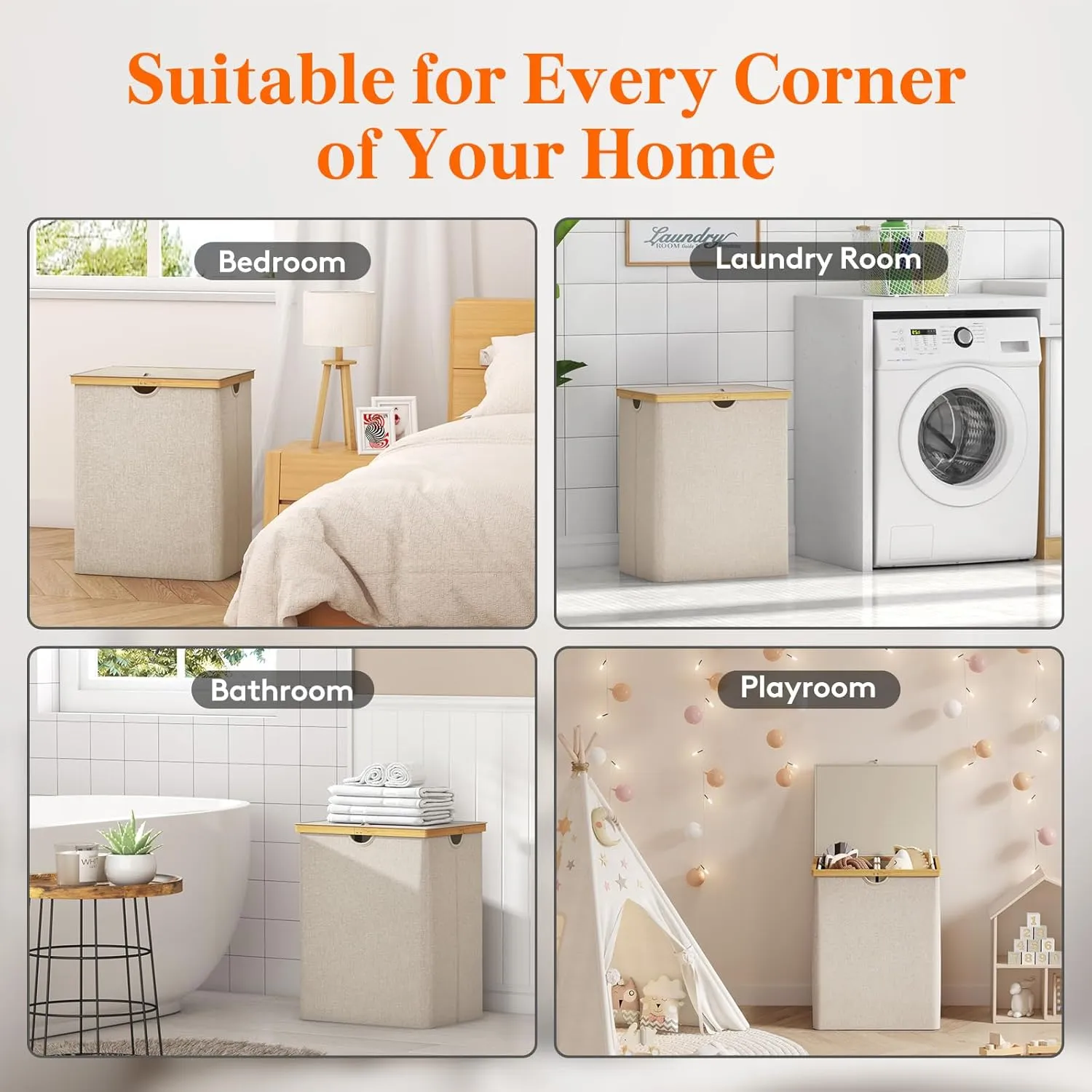 Lifewit 120L Double Laundry Hamper with Lid, Extra Large Bamboo Laundry Basket Dirty Clothes Hamper, 2 Section Laundry Bin Organizer for Laundry Room Bedroom with 2 Removable Liners & Bags, Beige
