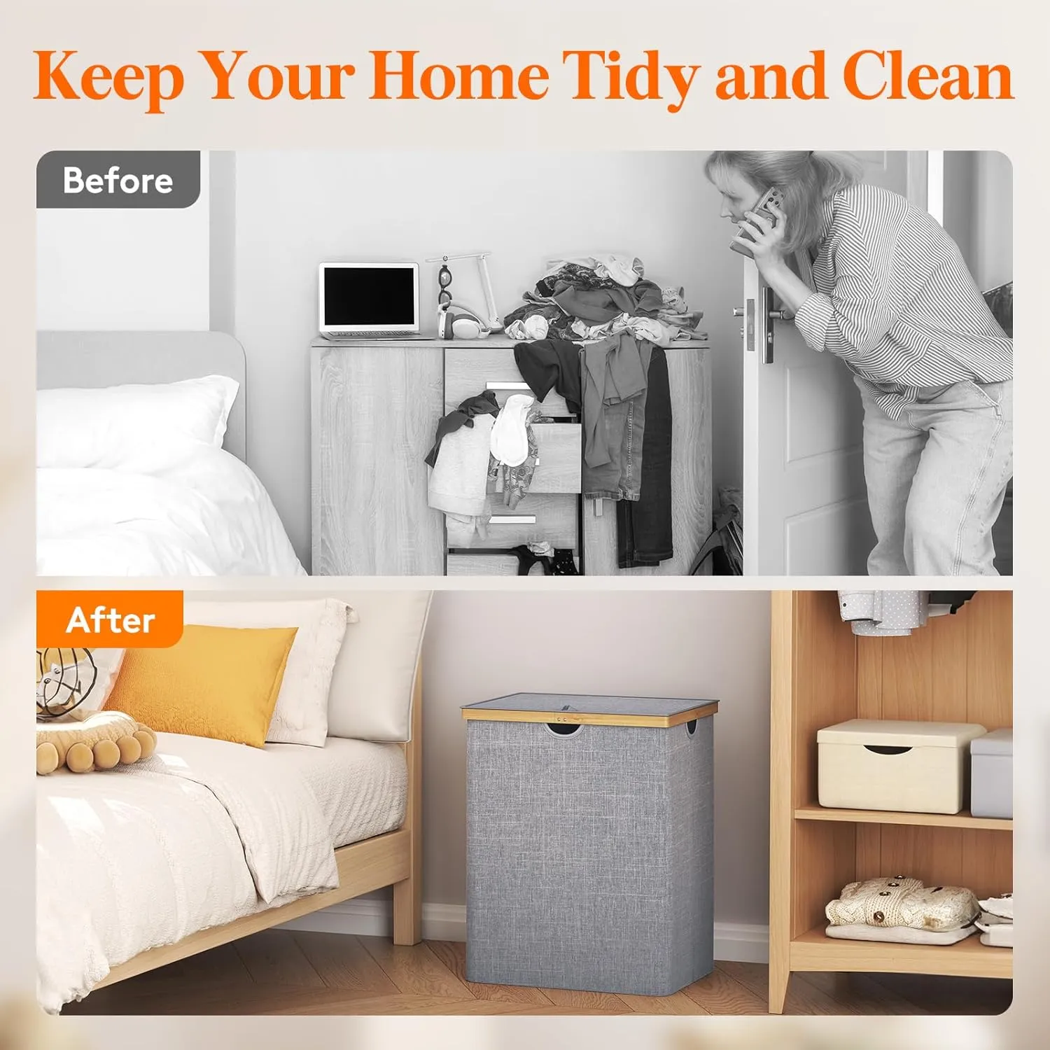 Lifewit 120L Double Laundry Hamper with Lid, Extra Large Bamboo Laundry Basket Dirty Clothes Hamper, 2 Section Laundry Bin Organizer for Laundry Room Bedroom with 2 Removable Liners & Bags,Light Gray