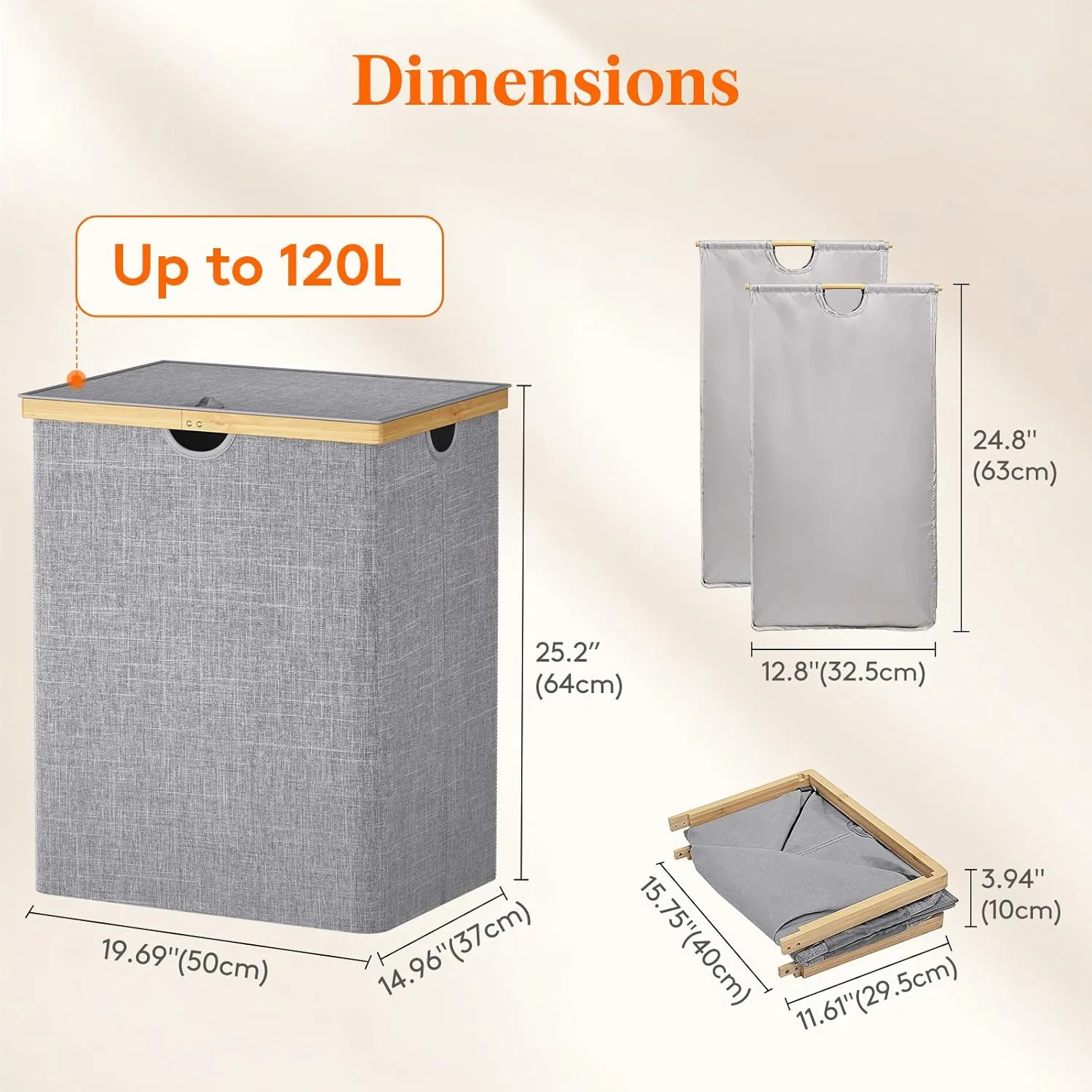 Lifewit 120L Double Laundry Hamper with Lid, Extra Large Bamboo Laundry Basket Dirty Clothes Hamper, 2 Section Laundry Bin Organizer for Laundry Room Bedroom with 2 Removable Liners & Bags,Light Gray
