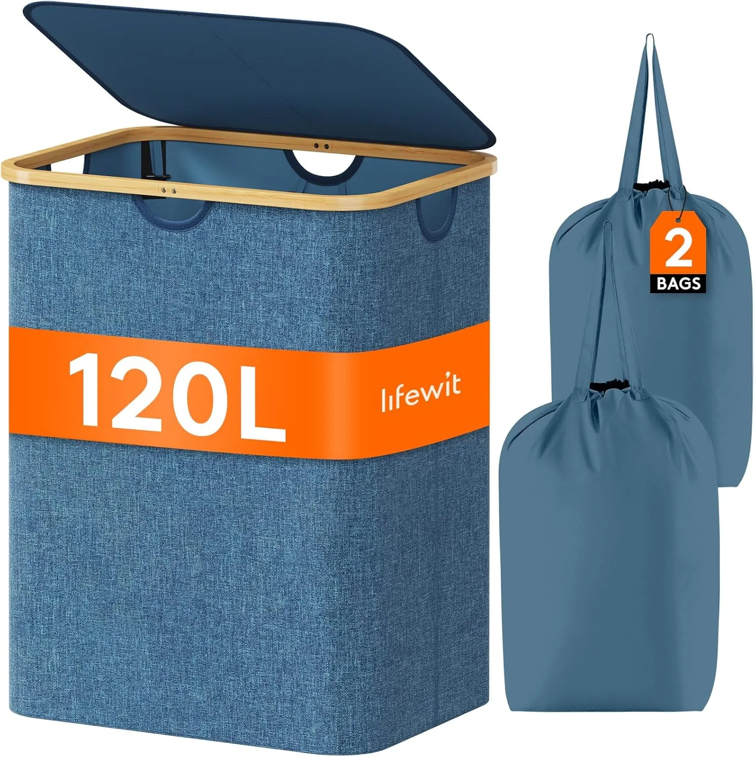 Lifewit 120L Foldable Laundry Basket with Lid, Bamboo Handles and Removable Bag, Large Hamper for Bedroom, Bathroom, Dark Blue