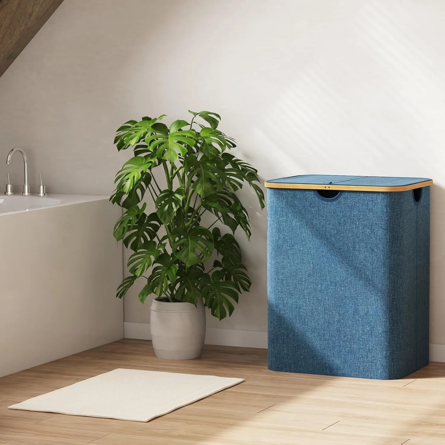 Lifewit 120L Foldable Laundry Basket with Lid, Bamboo Handles and Removable Bag, Large Hamper for Bedroom, Bathroom, Dark Blue