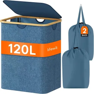 Lifewit 120L Foldable Laundry Basket with Lid, Bamboo Handles and Removable Bag, Large Hamper for Bedroom, Bathroom, Dark Blue