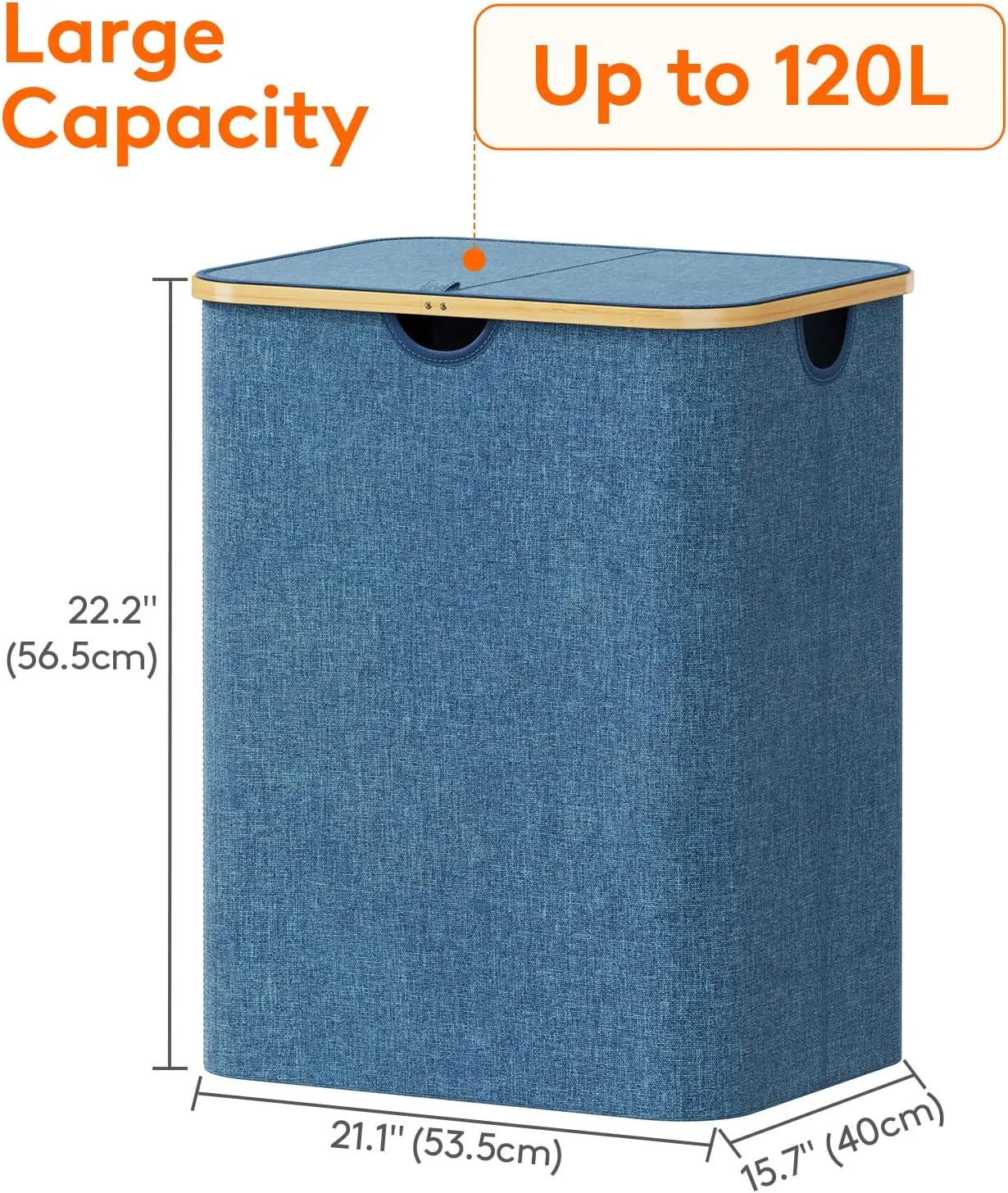Lifewit 120L Foldable Laundry Basket with Lid, Bamboo Handles and Removable Bag, Large Hamper for Bedroom, Bathroom, Dark Blue