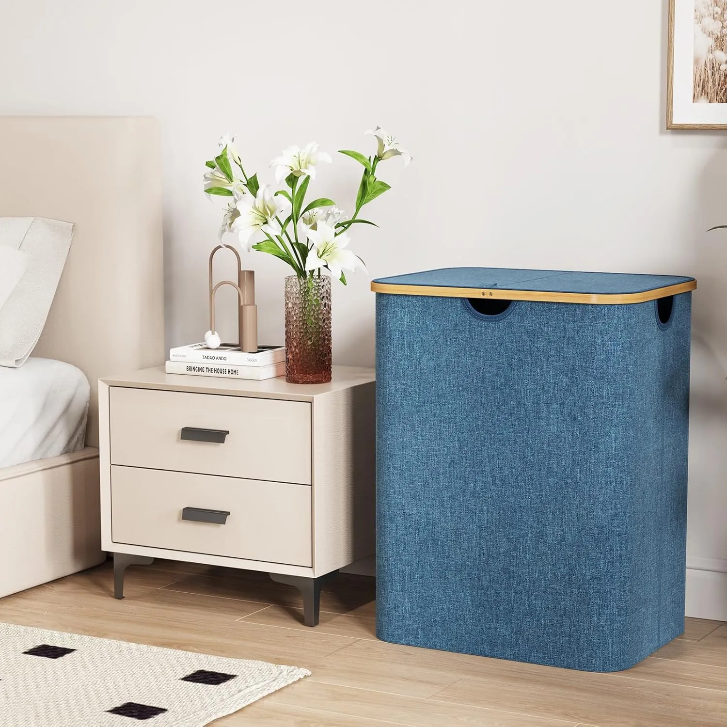 Lifewit 120L Foldable Laundry Basket with Lid, Bamboo Handles and Removable Bag, Large Hamper for Bedroom, Bathroom, Dark Blue