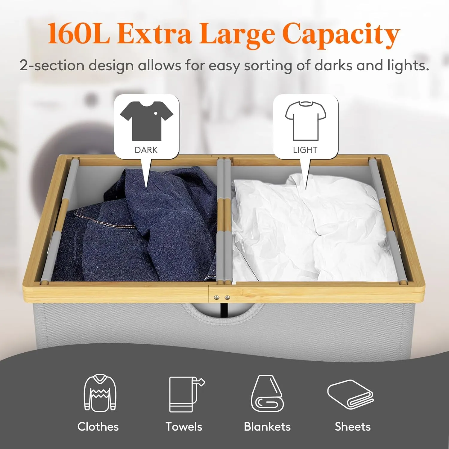 Lifewit 160L Double Laundry Hamper with Lid, Extra Large Bamboo Laundry Basket Dirty Clothes Hamper, 2 Section Laundry Bin Organizer for Laundry Room Bedroom with 2 Removable Liners & Bags,Silver Grey