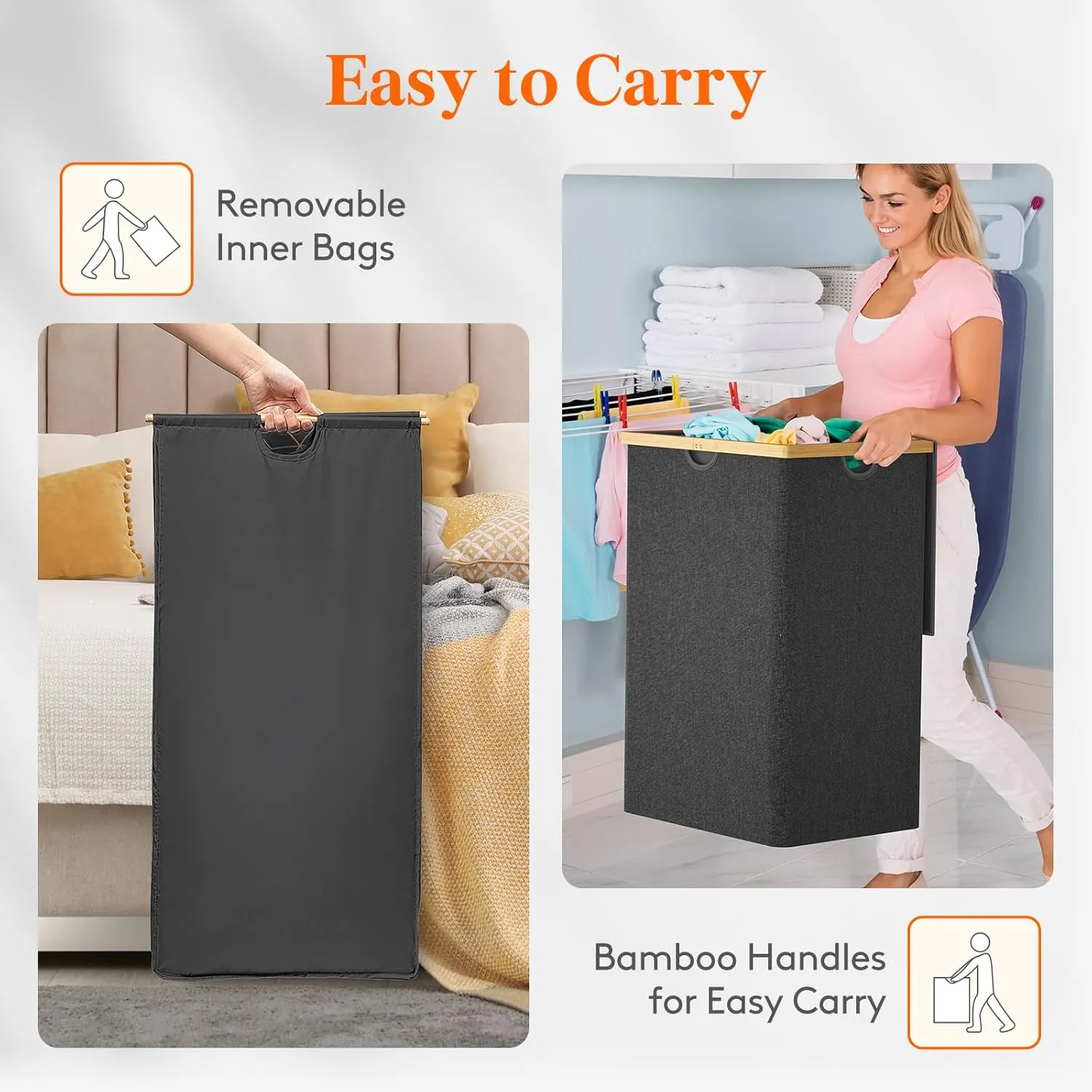Lifewit 170L Triple Laundry Hamper with Lid, Extra Large Bamboo Laundry Basket Dirty Clothes Hamper,3 Section Laundry Bin Organizer for Laundry Room Bedroom with 3 Removable Liners & Bags, Dark Gray