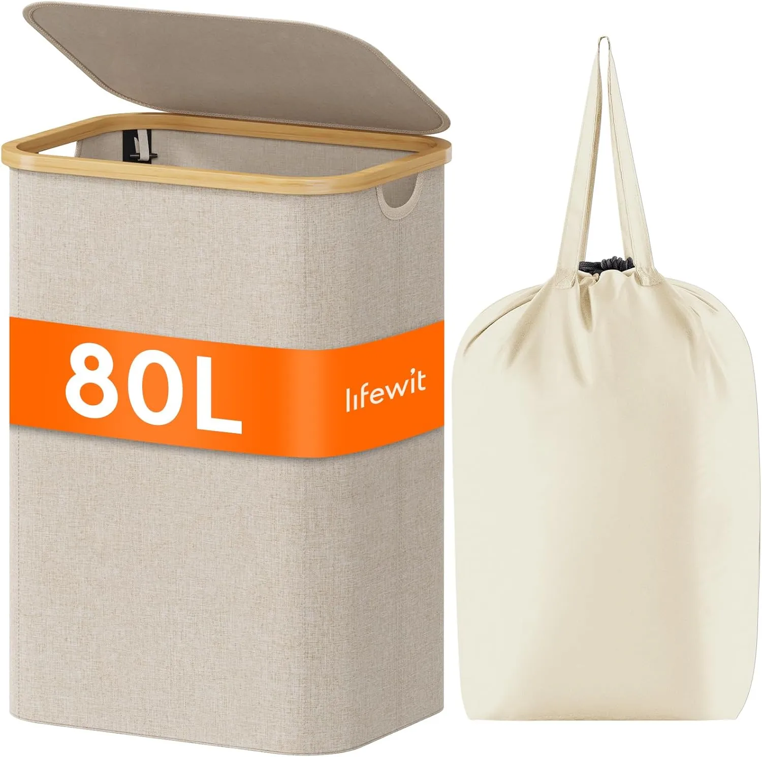 Lifewit 80L Laundry Basket with Lid, Clothes Hampers for Laundry with Bamboo Handles and A Removable Laundry Bag, Large Foldable Laundry Hamper for Bedroom, Bathroom, Dorm, Laundry Room, Beige