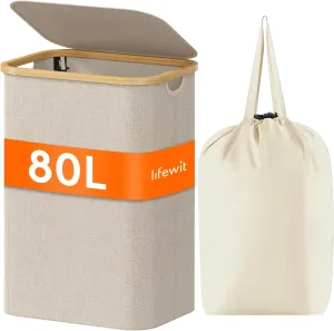 Lifewit 80L Laundry Basket with Lid, Clothes Hampers for Laundry with Bamboo Handles and A Removable Laundry Bag, Large Foldable Laundry Hamper for Bedroom, Bathroom, Dorm, Laundry Room, Beige