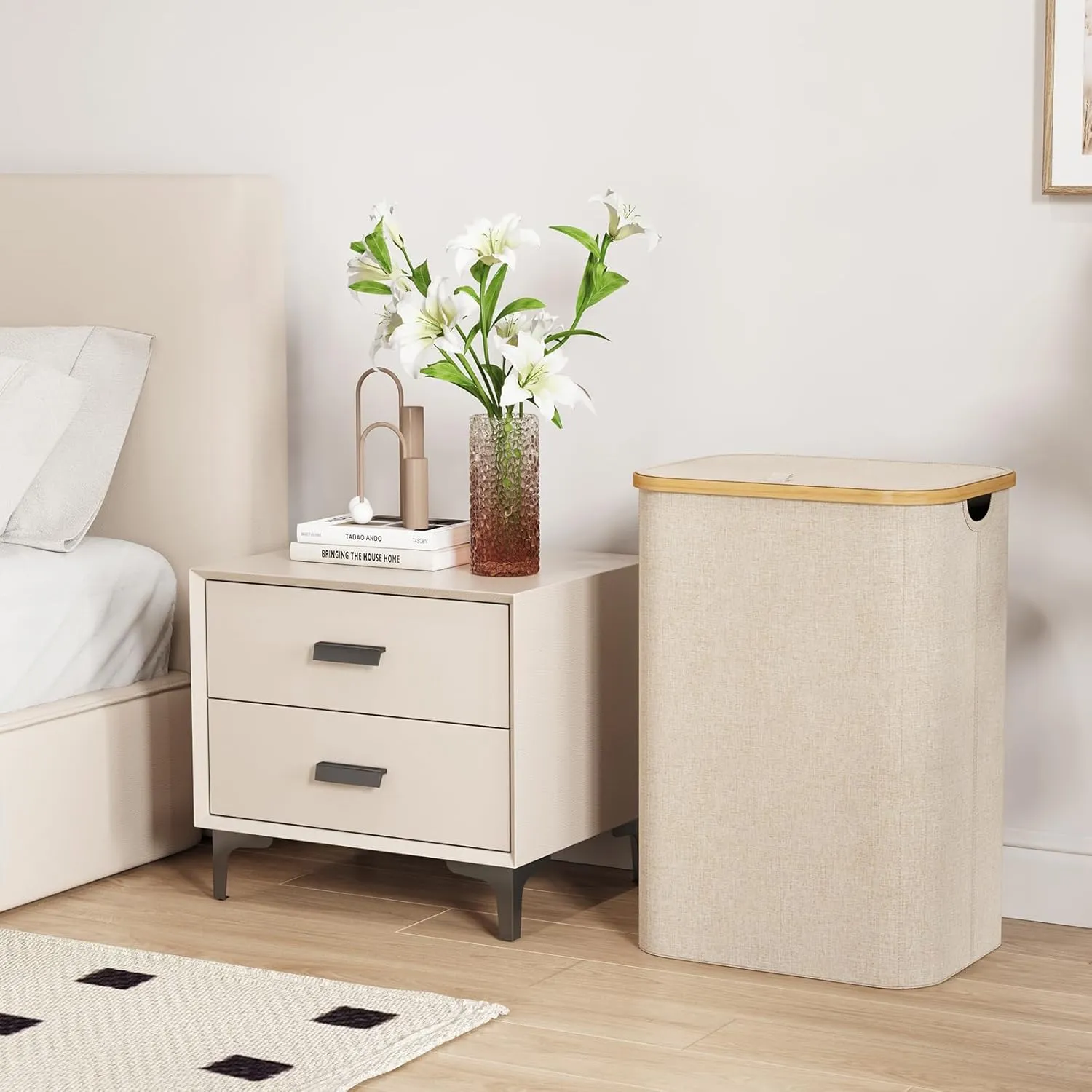 Lifewit 80L Laundry Basket with Lid, Clothes Hampers for Laundry with Bamboo Handles and A Removable Laundry Bag, Large Foldable Laundry Hamper for Bedroom, Bathroom, Dorm, Laundry Room, Beige