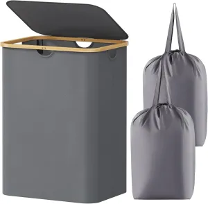 Lifewit Foldable Laundry Basket with Lid, Bamboo Handles and 2 Removable Bags, Large for Bedroom, Bathroom, Dorm, Grey