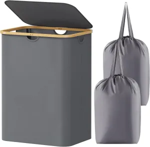 Lifewit Foldable Laundry Basket with Lid, Bamboo Handles and 2 Removable Bags, Large for Bedroom, Bathroom, Dorm, Grey